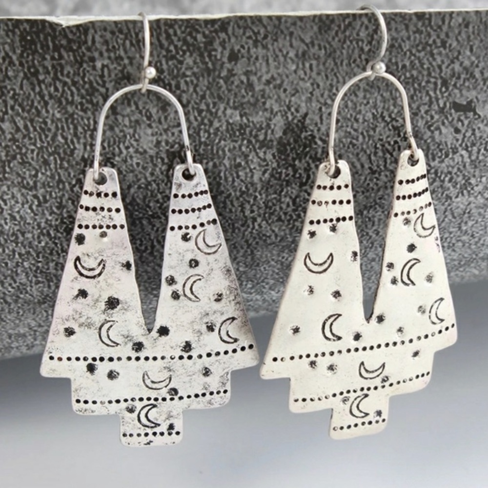 Boho Silver Moon Stamped Dangle Earrings - Picture 4 of 5